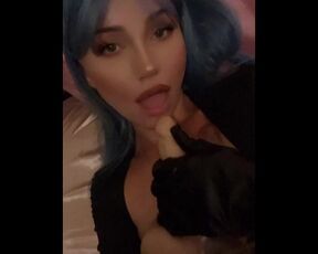 sexy manga cosplay girl suck dildo blue hair anime