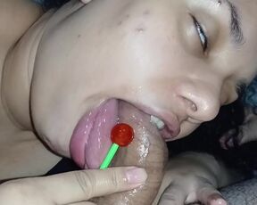 pervert smears my dick with her sweet spit, smeared with her lollipop, she wants 2 dicks inside