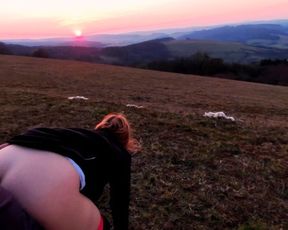 Outdoor Sex on the Top of the Hill at the Sunset. Mountain, Public, Hiking.