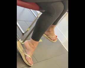 MILF in Waiting Room Aches Feet in Yellow Flip Flops with Sexy Red Toenails Candid