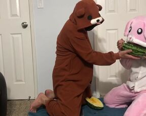 Handjob with watermelon then eats it in bunny onesie pajamas