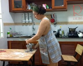 Ravioli Time! Naked Cooking. Regina Noir, a nudist cook at nudist hotel resort. Nude maid. Naked housewife. Teaser