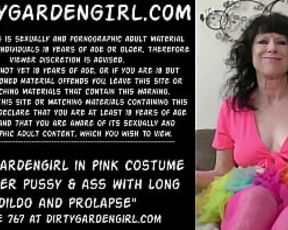 Dirtygardengirl in pink costume fuck her pussy & ass with long dildo and prolapse